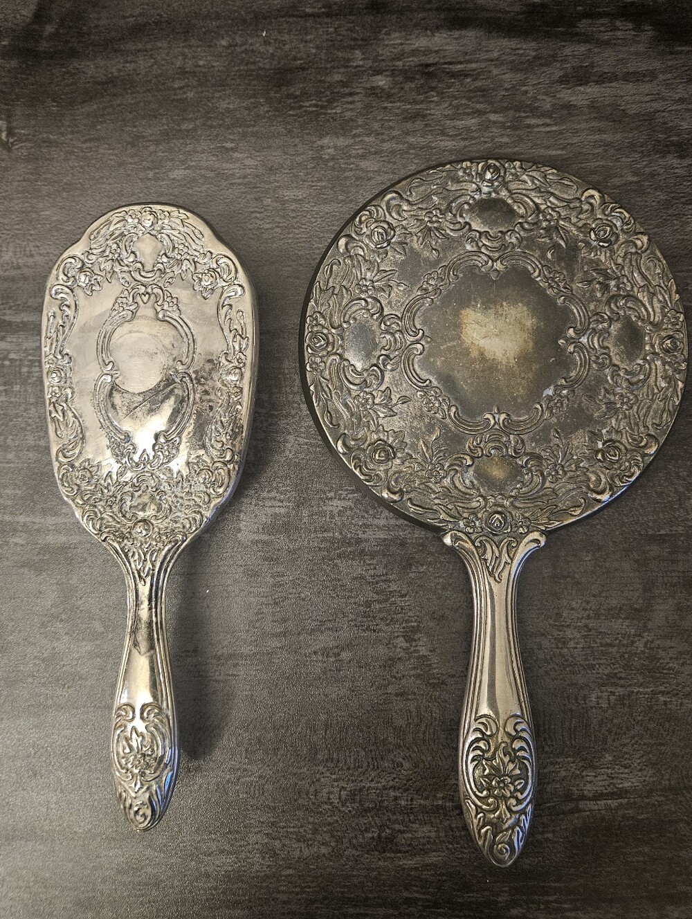 Vintage Heavy Ornate Silver Plated Vanity Mirror and Brush Set